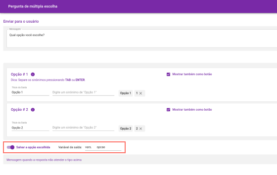 Salvando a variável no bloco de múltipla escolha