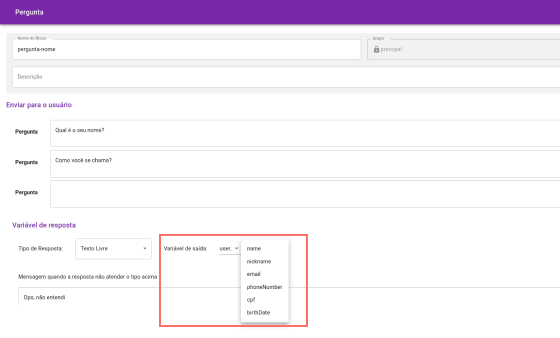 Salvando a variável no bloco de pergunta